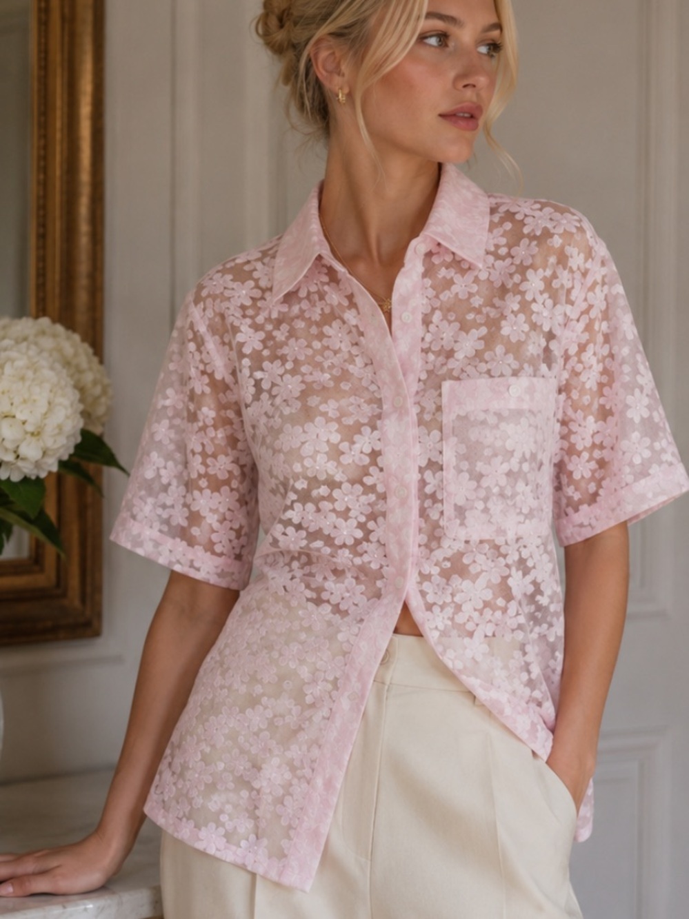 Blanca Astra Oversized Lace Short Sleeve Shirt Pale Pink 33881